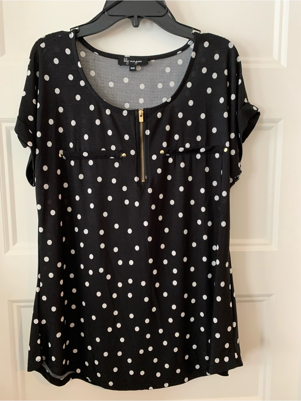 Lilly Morgan, Women's Black & White Polka Dot Zip Front Short Sleeve Top